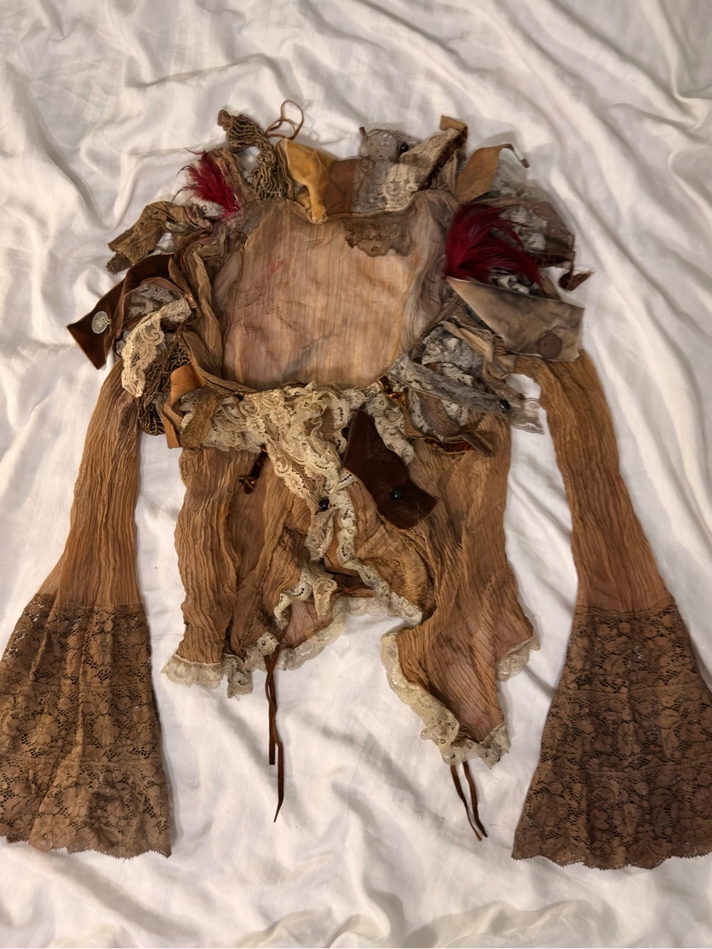 Insane Brown Scoop Neck Top with Lace Sleeves and Ruffles and Feather Accents